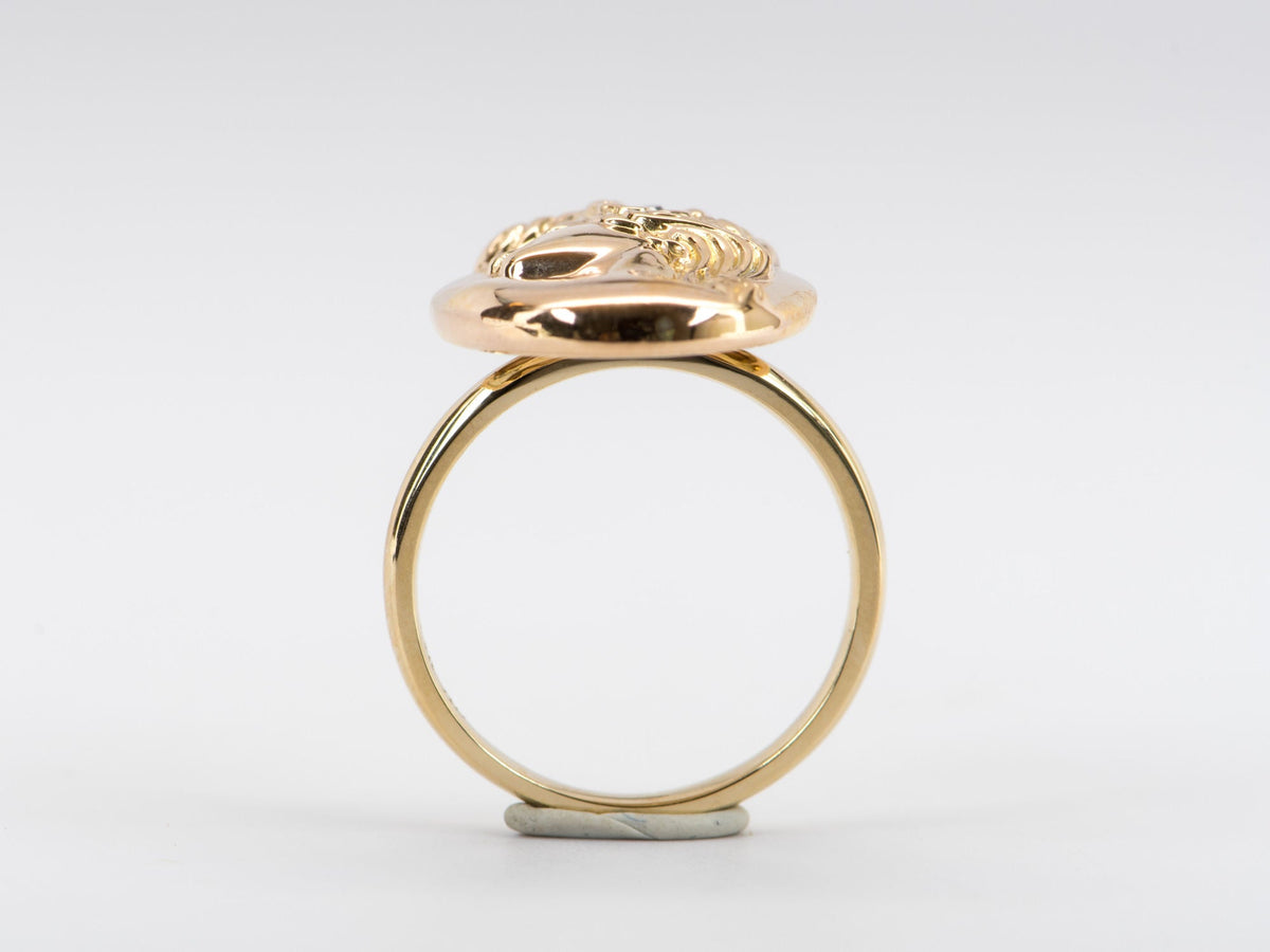 Victorian Art Nouveau Woman Face Diamond Repousse Ring 14K Yellow Gold R6281 Aurora Designer