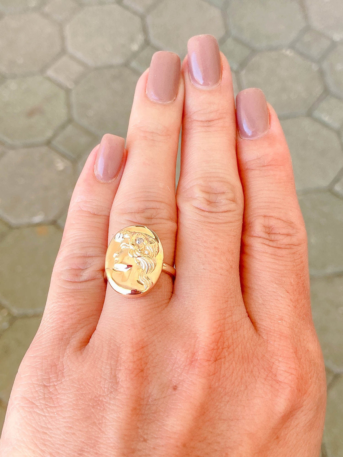 Victorian Art Nouveau Woman Face Diamond Repousse Ring 14K Yellow Gold R6281 Aurora Designer