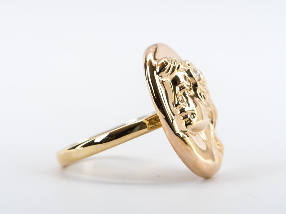 Victorian Art Nouveau Woman Face Diamond Repousse Ring 14K Yellow Gold R6281 Aurora Designer