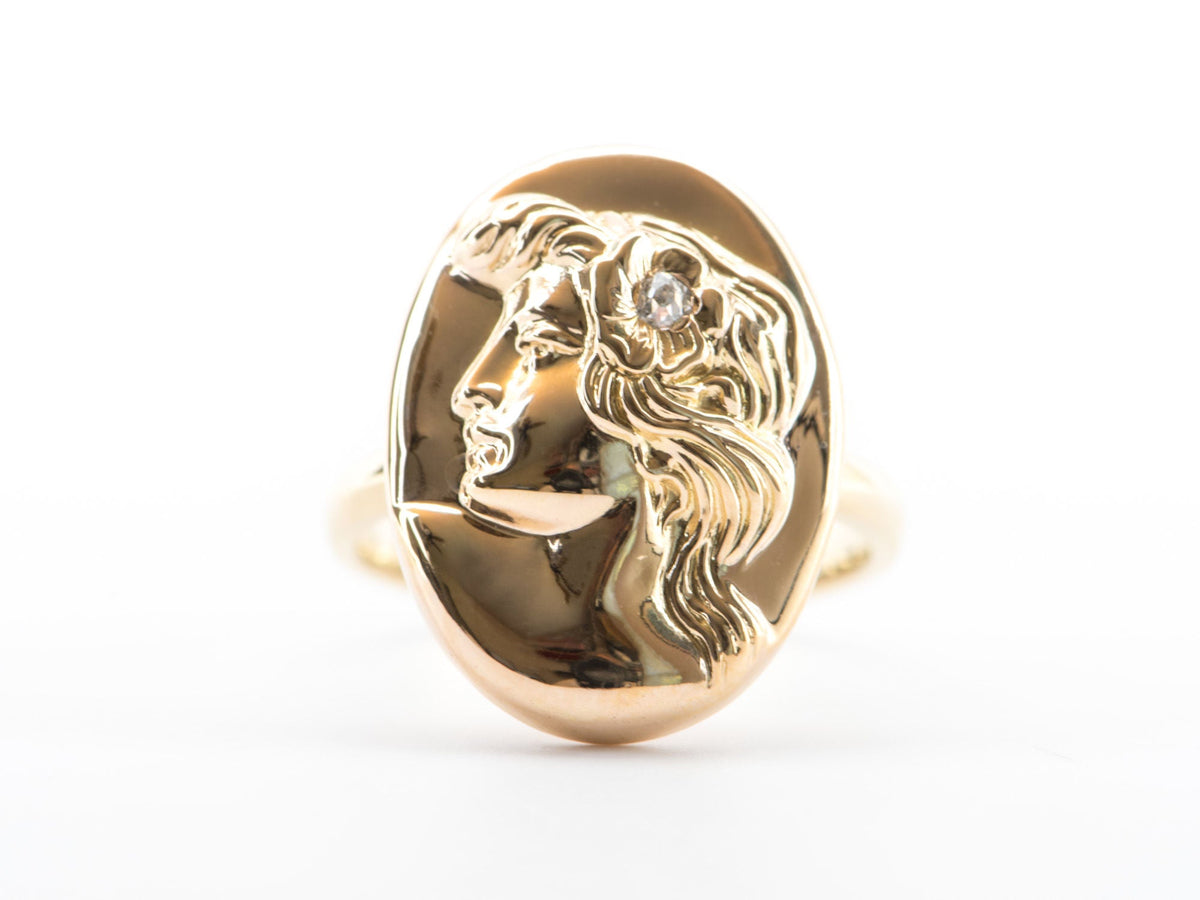 Victorian Art Nouveau Woman Face Diamond Repousse Ring 14K Yellow Gold R6281 Aurora Designer
