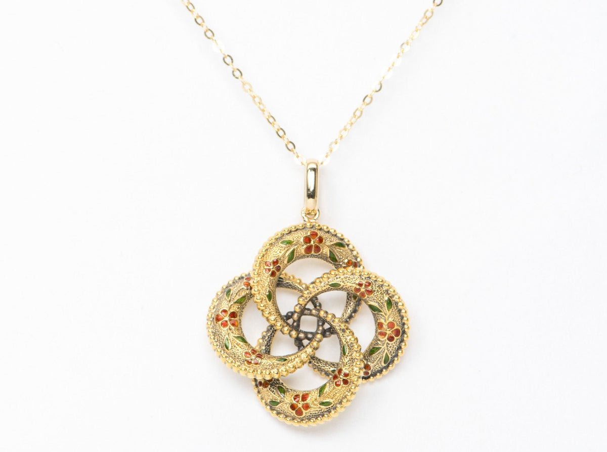 14K Yellow Gold Art Nouveau Vintage Red Green Enamel Pin Converted Pendant R4141 Aurora Designer