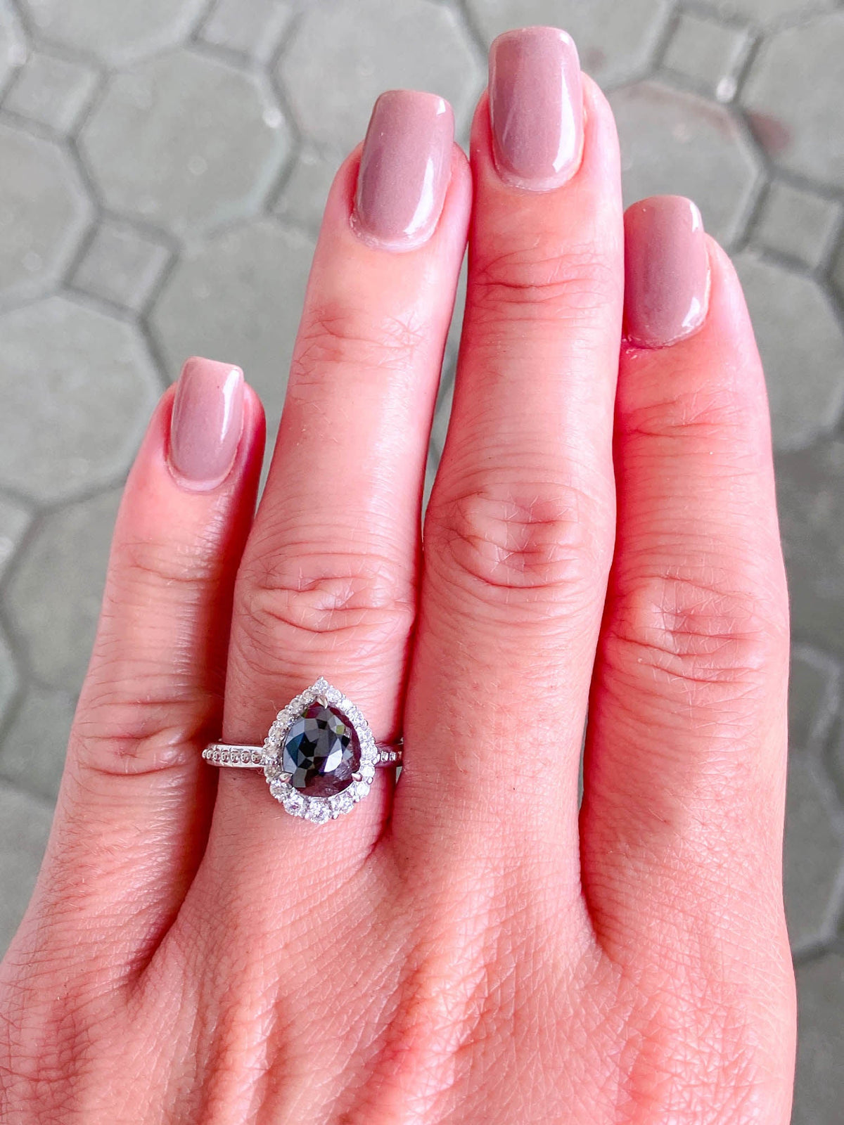 1.74ct Black Diamond with Clear Halo 14K White Gold Engagement Ring R6306 Aurora Designer