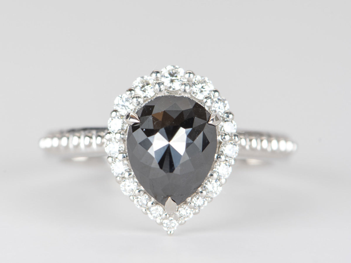 1.74ct Black Diamond with Clear Halo 14K White Gold Engagement Ring R6306 Aurora Designer