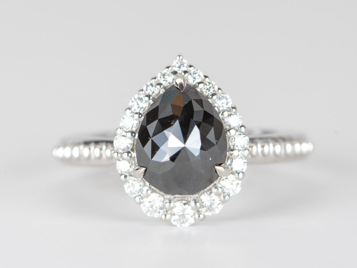 1.74ct Black Diamond with Clear Halo 14K White Gold Engagement Ring R6306 Aurora Designer
