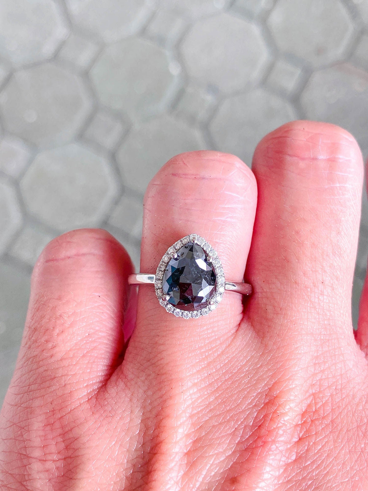 2.22ct Black Diamond with Diamond Halo 14K White Gold Engagement Ring R6309 Aurora Designer