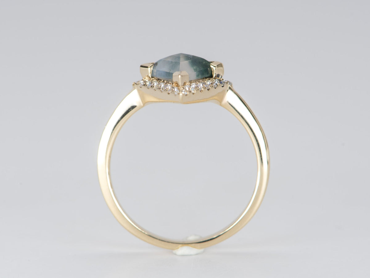 Kite Shape Moss Agate with Moissanite Halo 14K Yellow Gold Engagement Ring R6312 Aurora Designer