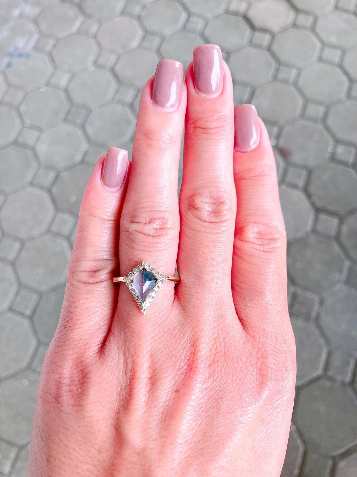 Kite Shape Moss Agate with Moissanite Halo 14K Yellow Gold Engagement Ring R6312 Aurora Designer