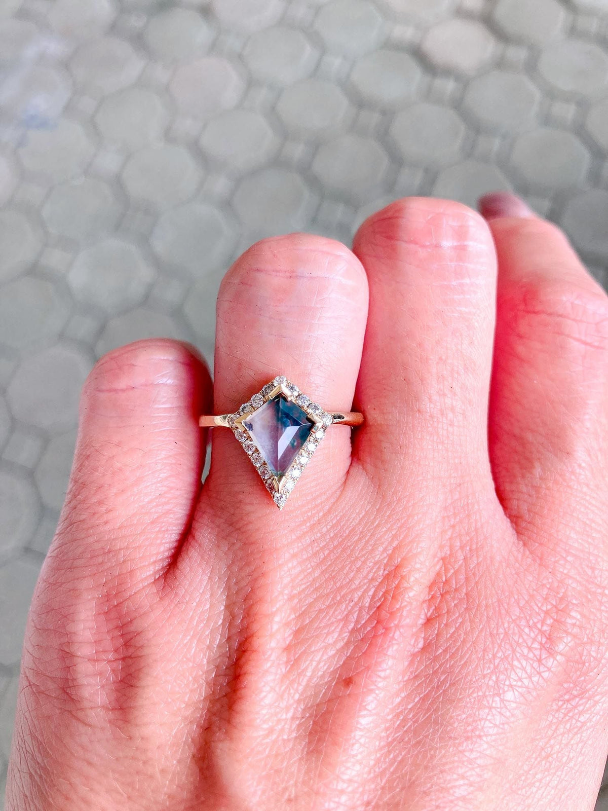 Kite Shape Moss Agate with Moissanite Halo 14K Yellow Gold Engagement Ring R6312 Aurora Designer