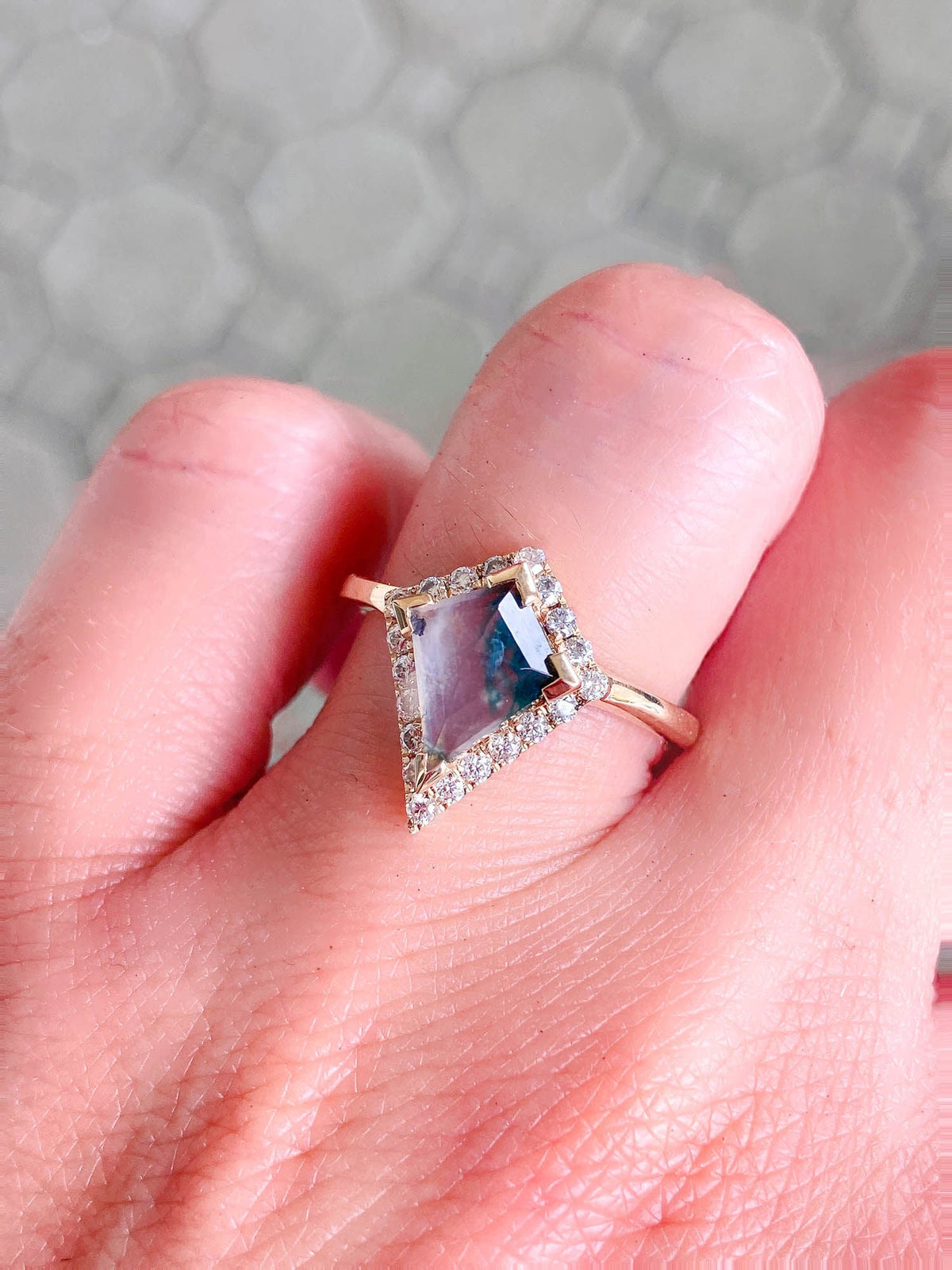 Kite Shape Moss Agate with Moissanite Halo 14K Yellow Gold Engagement Ring R6312 Aurora Designer