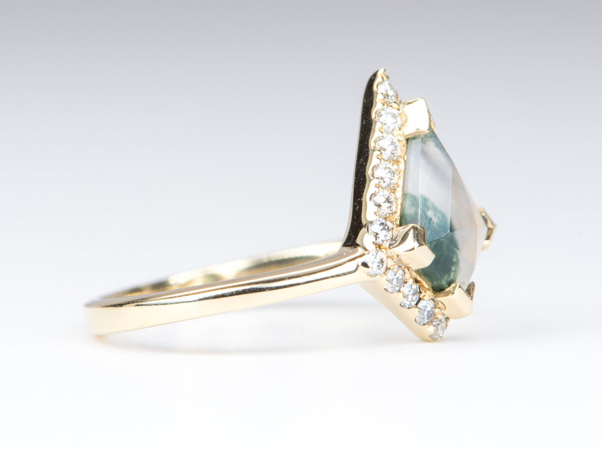 Kite Shape Moss Agate with Moissanite Halo 14K Yellow Gold Engagement Ring R6312 Aurora Designer