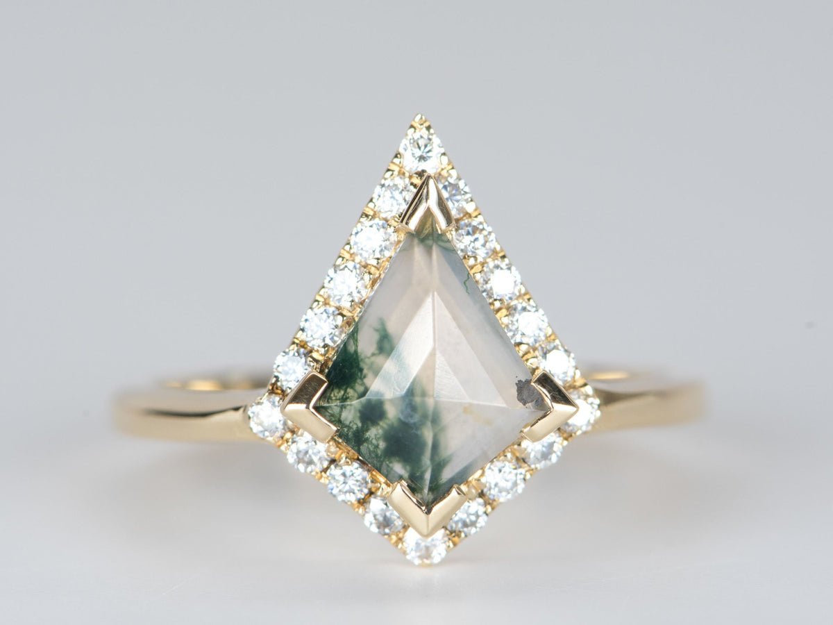Kite Shape Moss Agate with Moissanite Halo 14K Yellow Gold Engagement Ring R6312 Aurora Designer