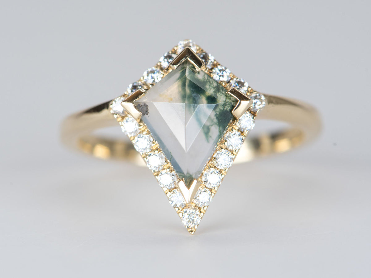 Kite Shape Moss Agate with Moissanite Halo 14K Yellow Gold Engagement Ring R6312 Aurora Designer