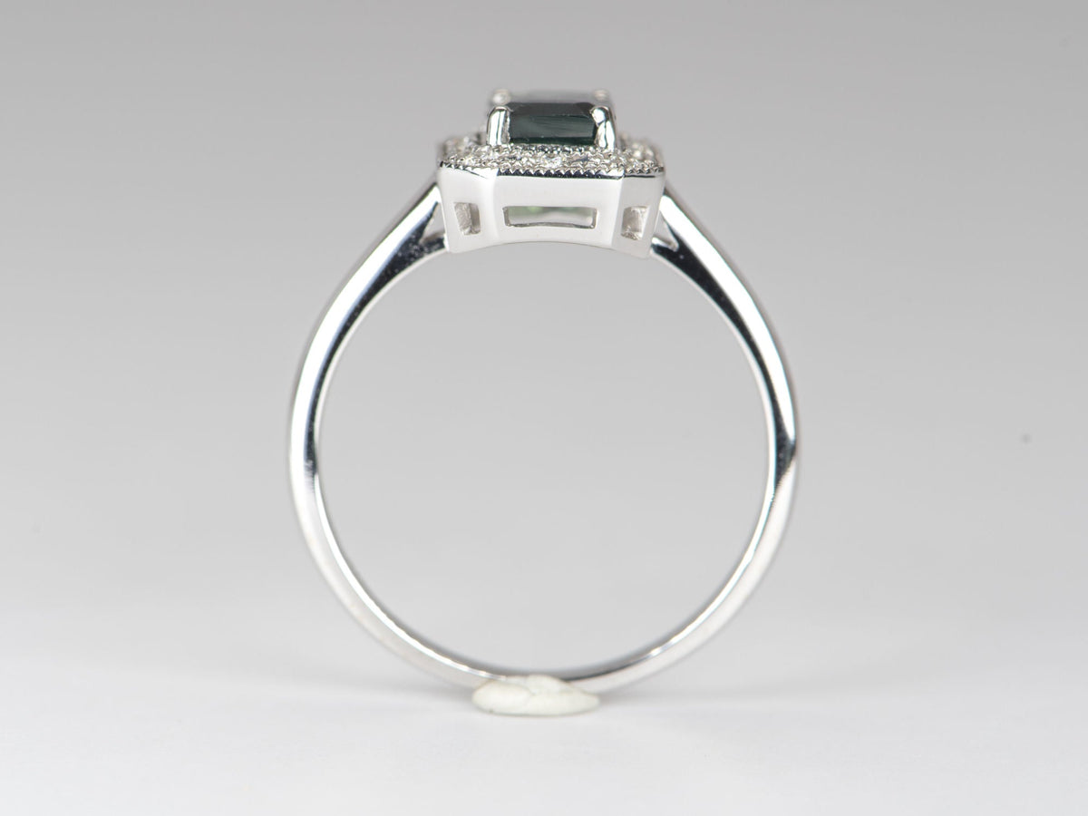 1.25ct Teal Blue Nigerian Sapphire Diamond Halo 14K Gold Engagement Ring R6315 Aurora Designer