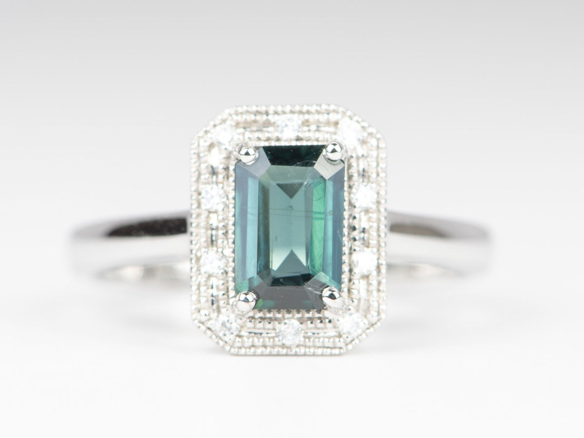 1.25ct Teal Blue Nigerian Sapphire Diamond Halo 14K Gold Engagement Ring R6315 Aurora Designer