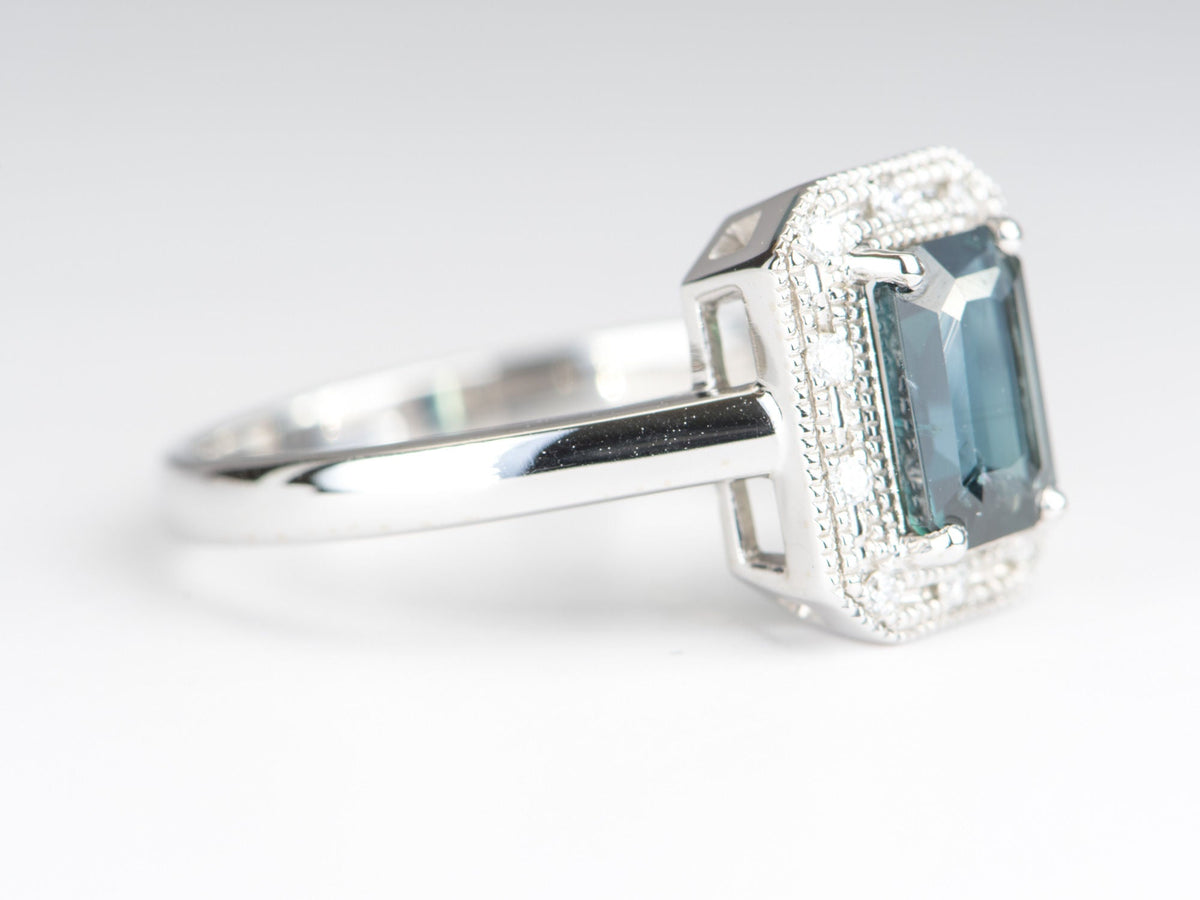 1.25ct Teal Blue Nigerian Sapphire Diamond Halo 14K Gold Engagement Ring R6315 Aurora Designer