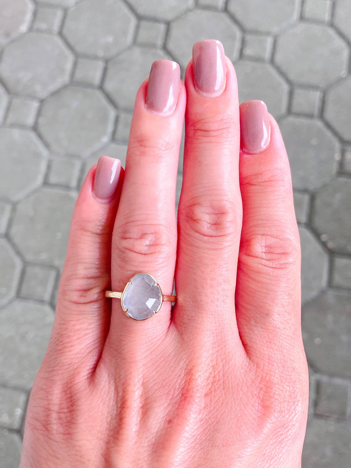Rose Cut Moss Aquamarine Low Profile Stacking Ring 14K Gold R6322 Aurora Designer