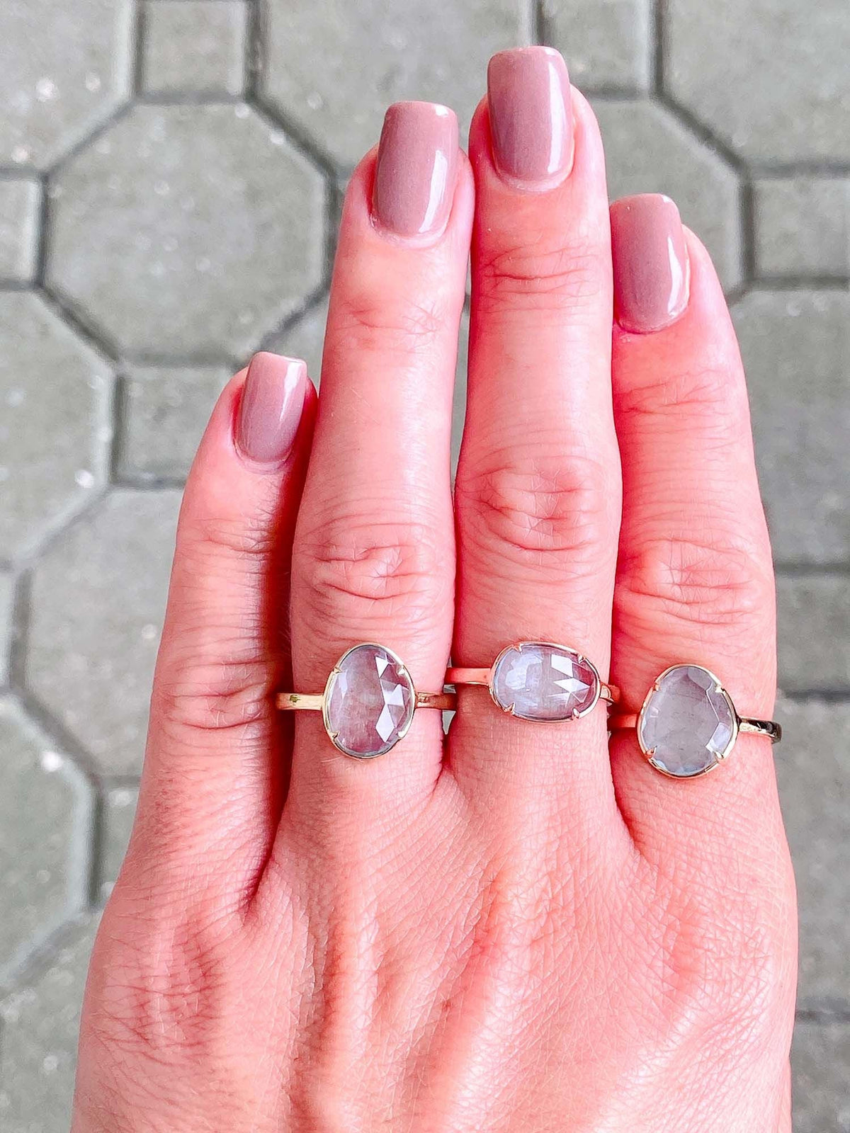 Rose Cut Moss Aquamarine Low Profile Stacking Ring 14K Gold R6322 Aurora Designer