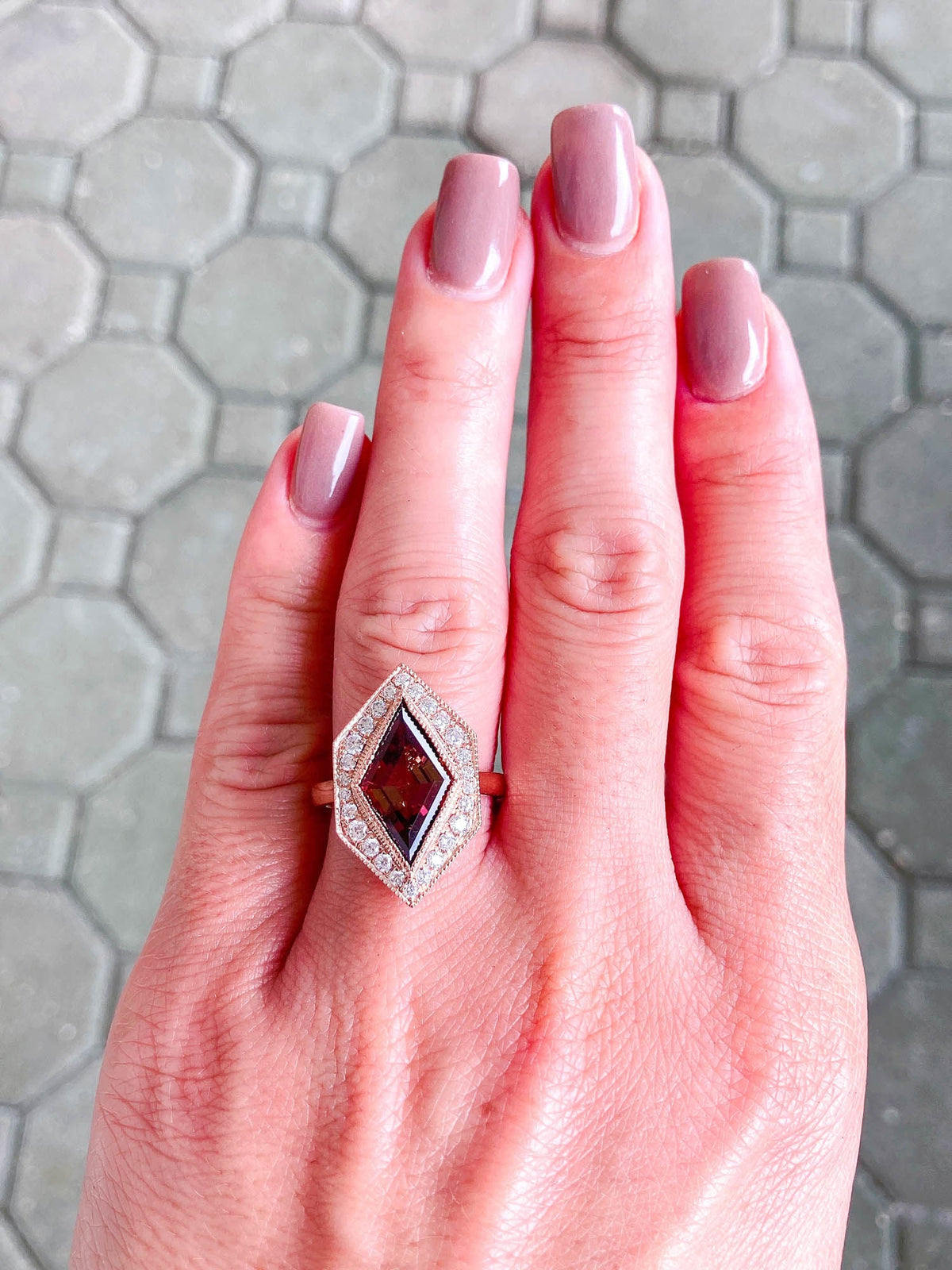 3.99ct Kite Shape Pink Tourmaline Moissanite Halo Hexagon Ring 14K Gold R6324 Aurora Designer