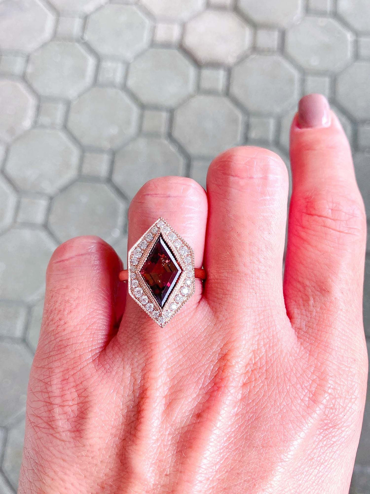 3.99ct Kite Shape Pink Tourmaline Moissanite Halo Hexagon Ring 14K Gold R6324 Aurora Designer