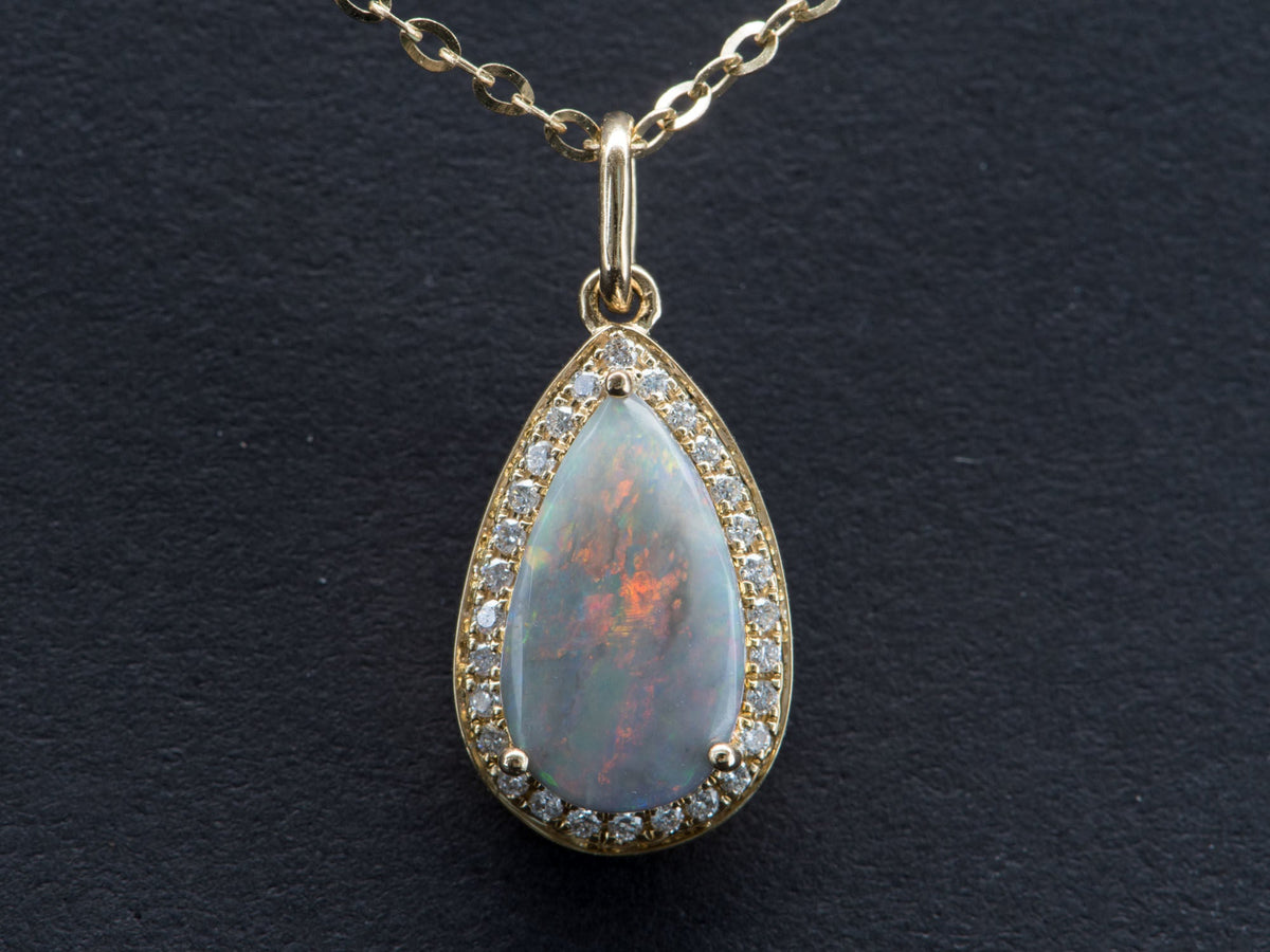1.24ct Solid Australian Opal with Diamond Halo 14K Gold Pendant Charm R4157 Aurora Designer