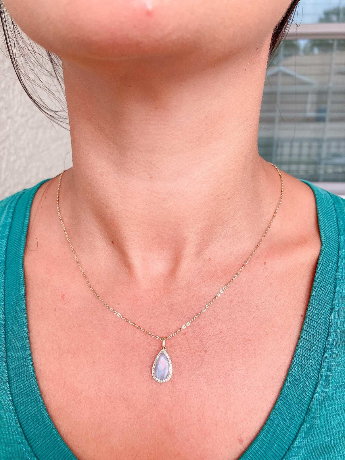 1.24ct Solid Australian Opal with Diamond Halo 14K Gold Pendant Charm R4157 Aurora Designer