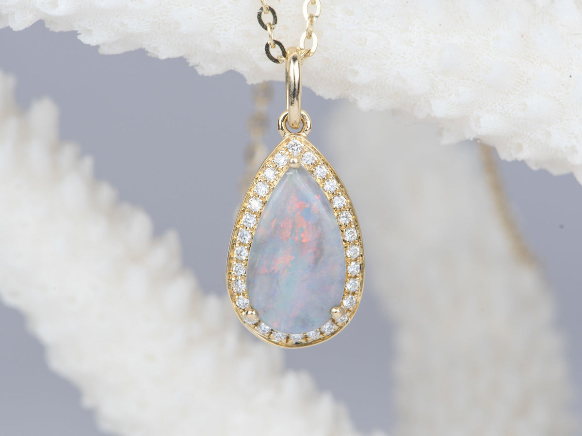 1.24ct Solid Australian Opal with Diamond Halo 14K Gold Pendant Charm R4157 Aurora Designer