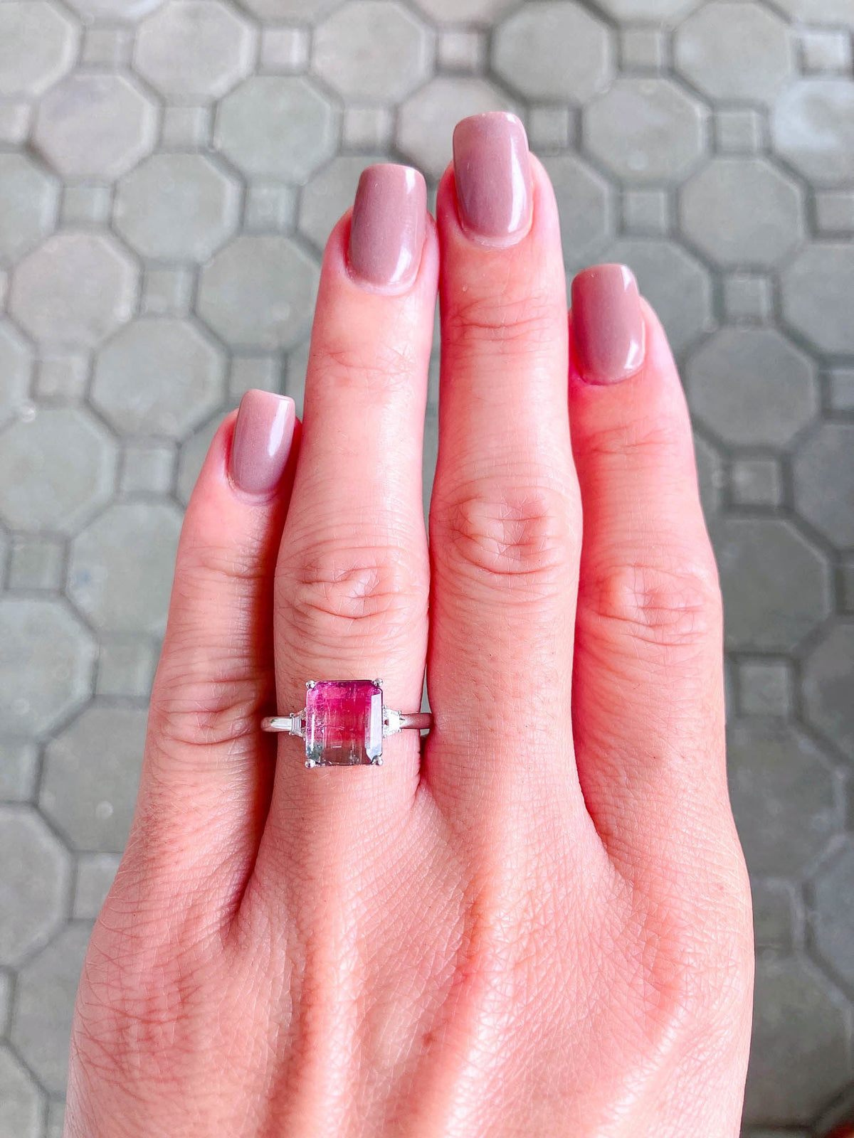 2.4ct Bi-Color Tourmaline with Moissanite Sides 14K White Gold Ring R6334 Aurora Designer