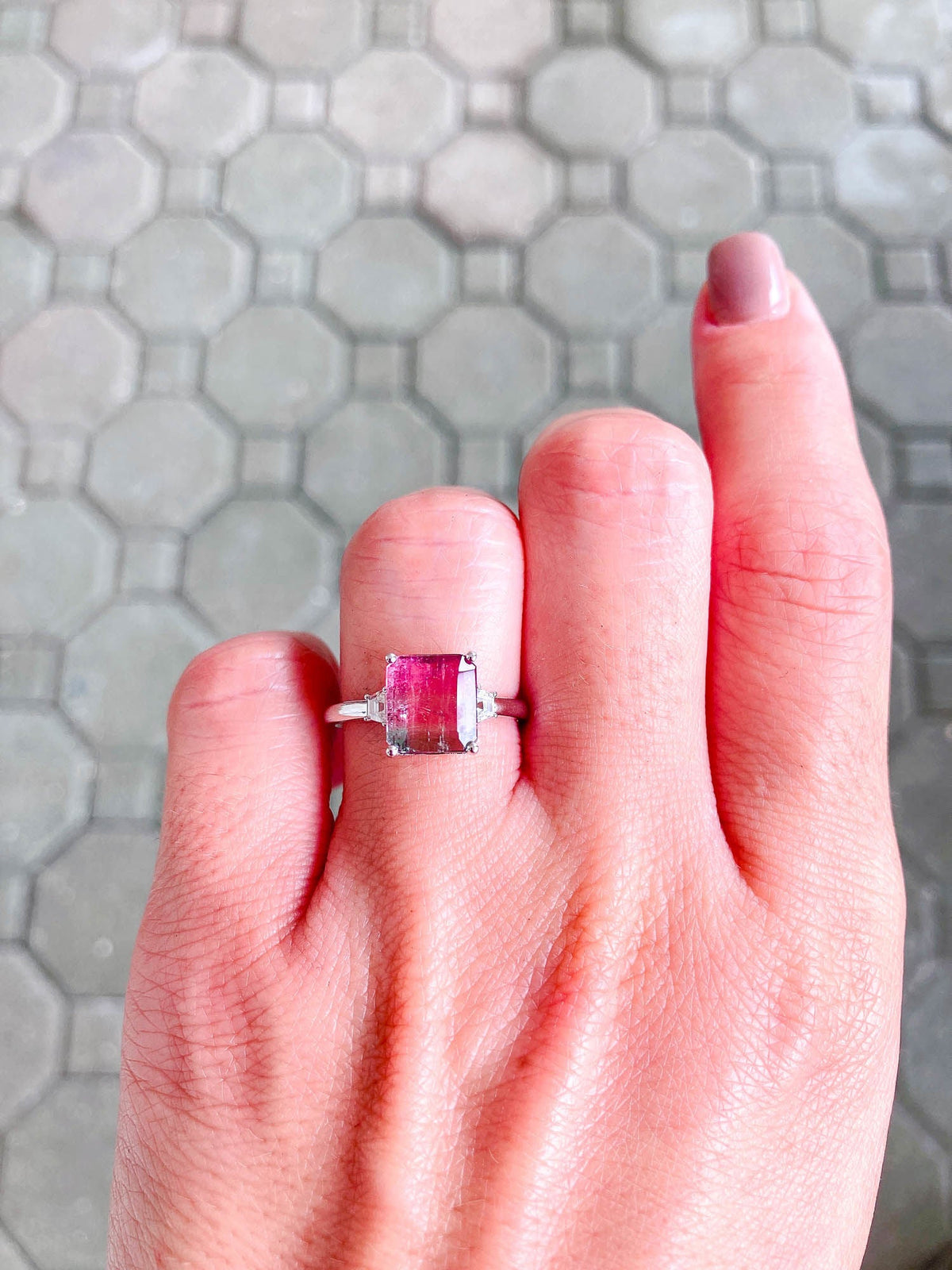 2.4ct Bi-Color Tourmaline with Moissanite Sides 14K White Gold Ring R6334 Aurora Designer