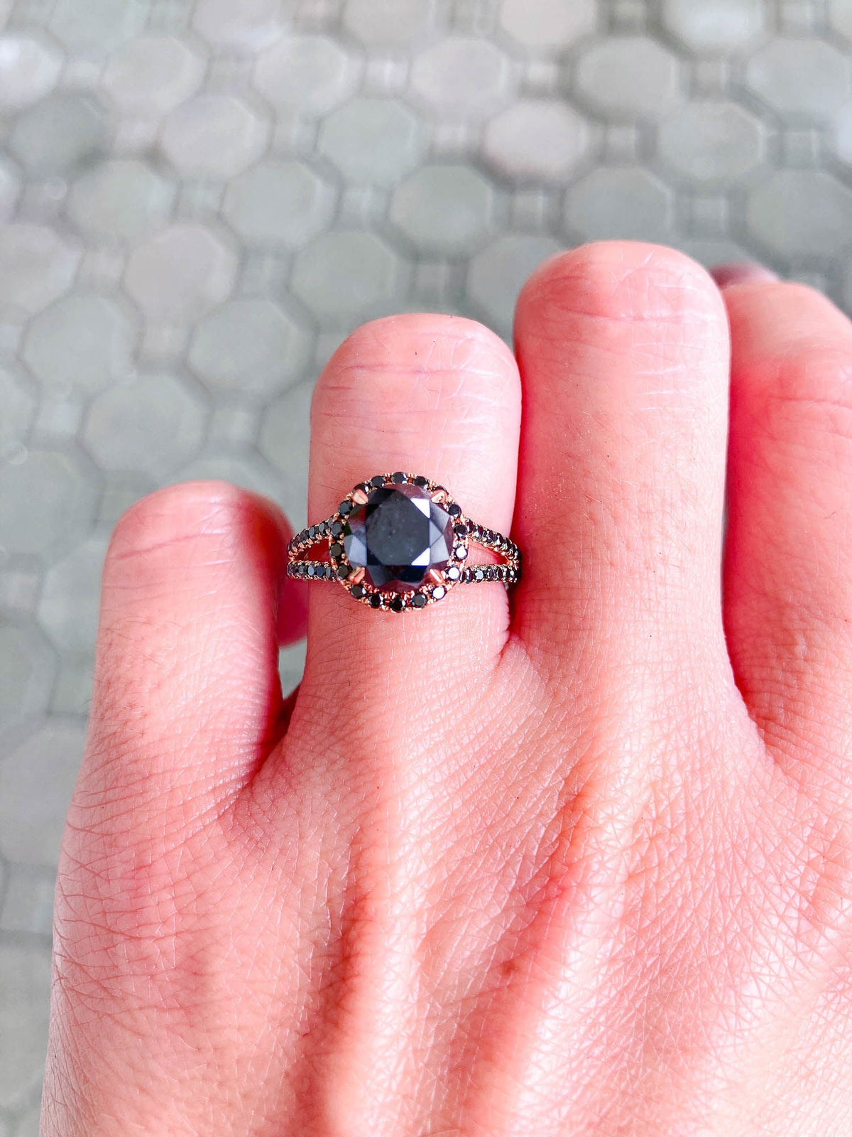 2.96ct Round Black Diamond Halo and Pave Band 14K Gold Engagement Ring R6336 Aurora Designer