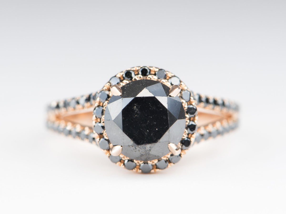 2.96ct Round Black Diamond Halo and Pave Band 14K Gold Engagement Ring R6336 Aurora Designer