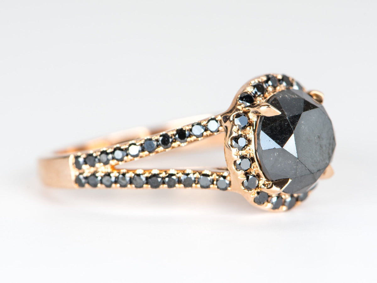 2.96ct Round Black Diamond Halo and Pave Band 14K Gold Engagement Ring R6336 Aurora Designer