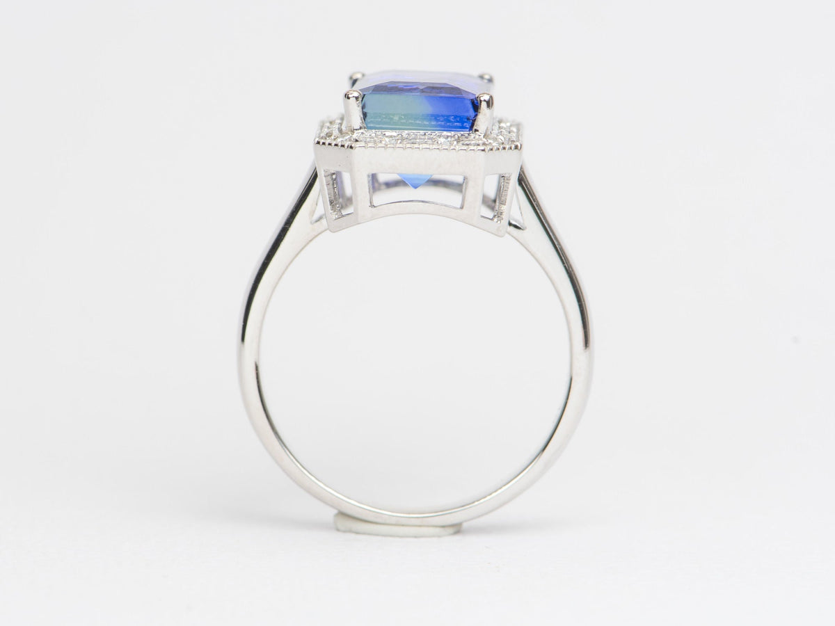 5.21ct Bi-Color Purplish Blue Tanzanite with Diamond Halo 14K Gold Ring R6355 Aurora Designer
