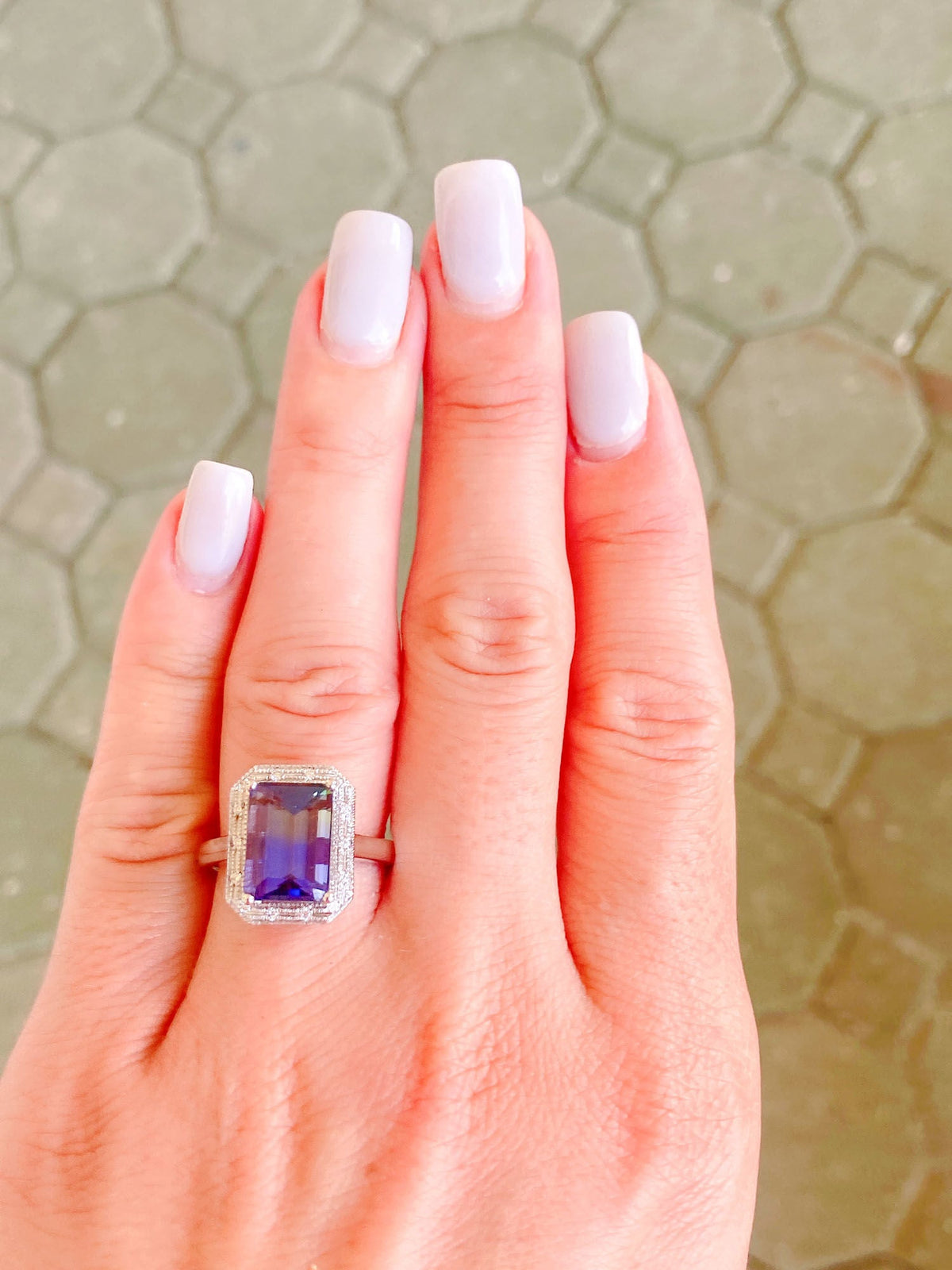 5.21ct Bi-Color Purplish Blue Tanzanite with Diamond Halo 14K Gold Ring R6355 Aurora Designer
