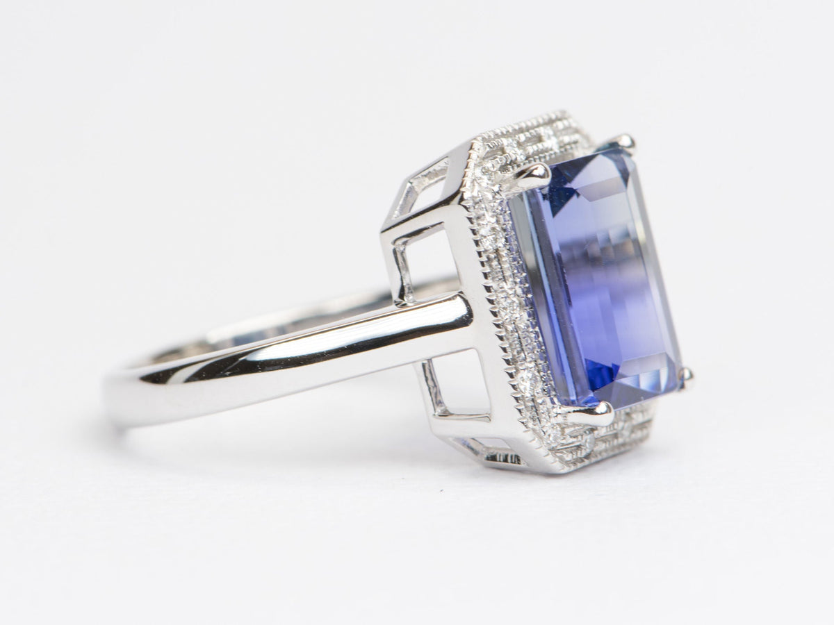 5.21ct Bi-Color Purplish Blue Tanzanite with Diamond Halo 14K Gold Ring R6355 Aurora Designer