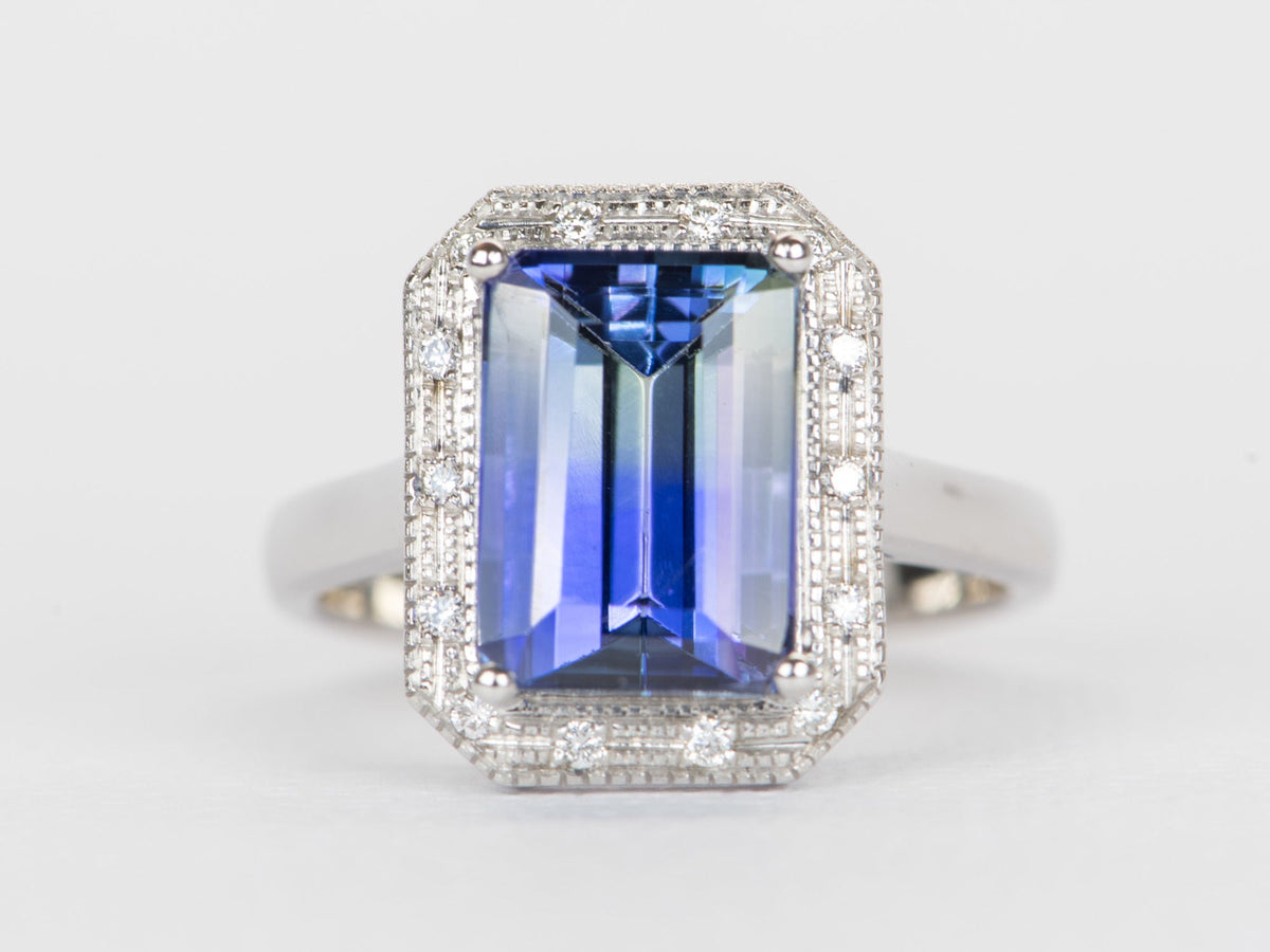 5.21ct Bi-Color Purplish Blue Tanzanite with Diamond Halo 14K Gold Ring R6355 Aurora Designer