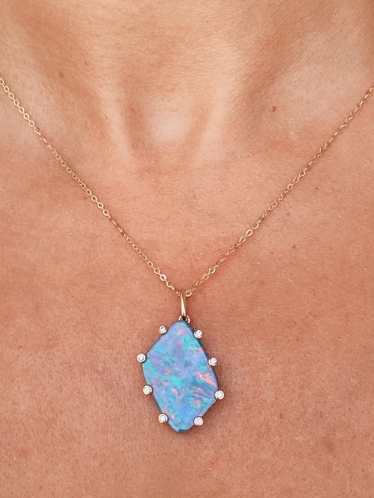 9.03ct Australian Doublet Opal with Diamond Halo 14K Gold Pendant R4178 Aurora Designer
