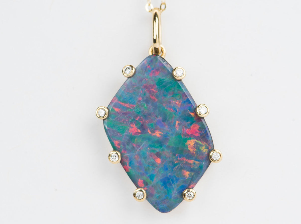 9.03ct Australian Doublet Opal with Diamond Halo 14K Gold Pendant R4178 Aurora Designer