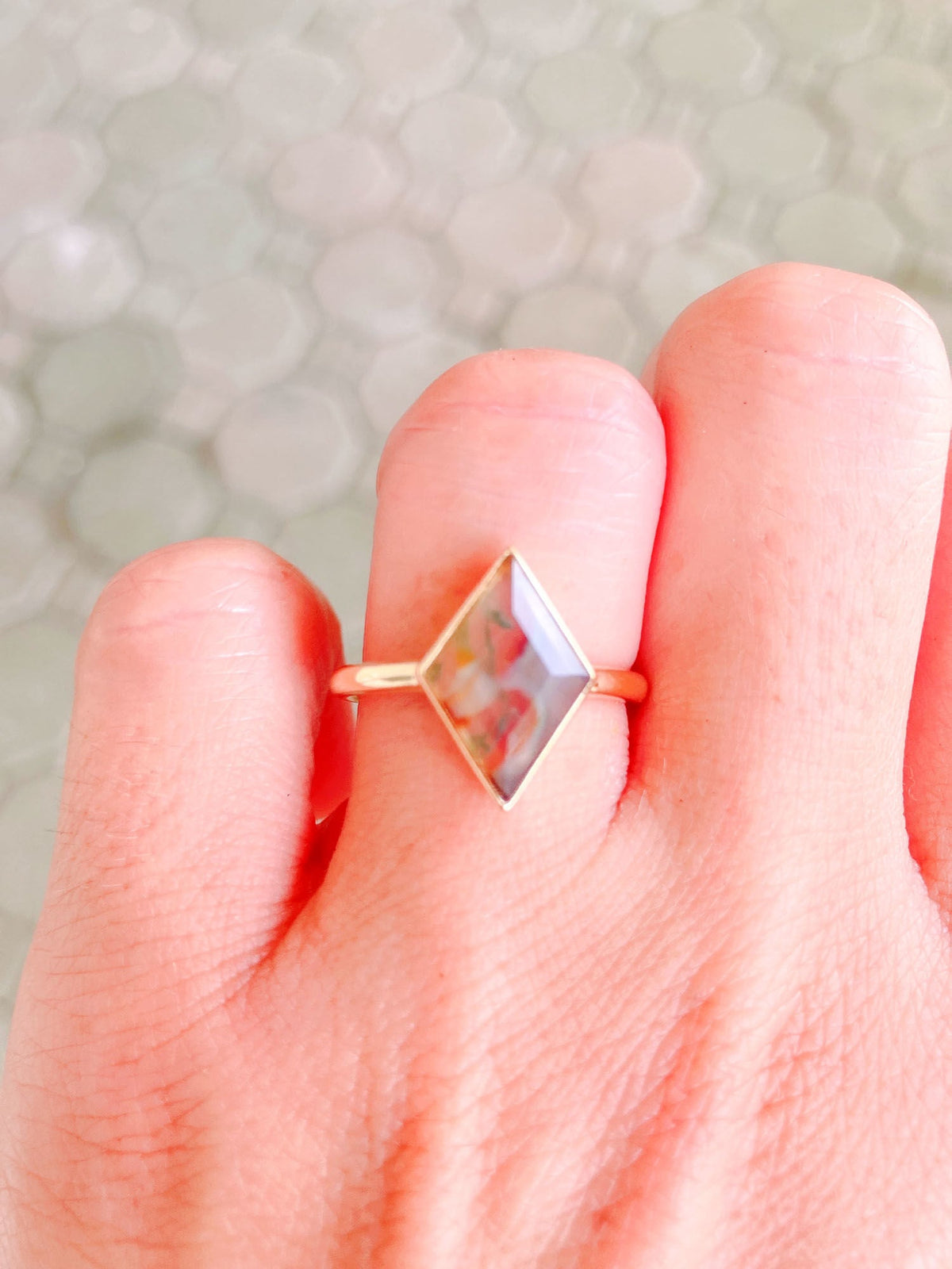 2.18ct Kite Shape Moss Agate Bezel Set 14K Gold Engagement Ring R6363 Aurora Designer