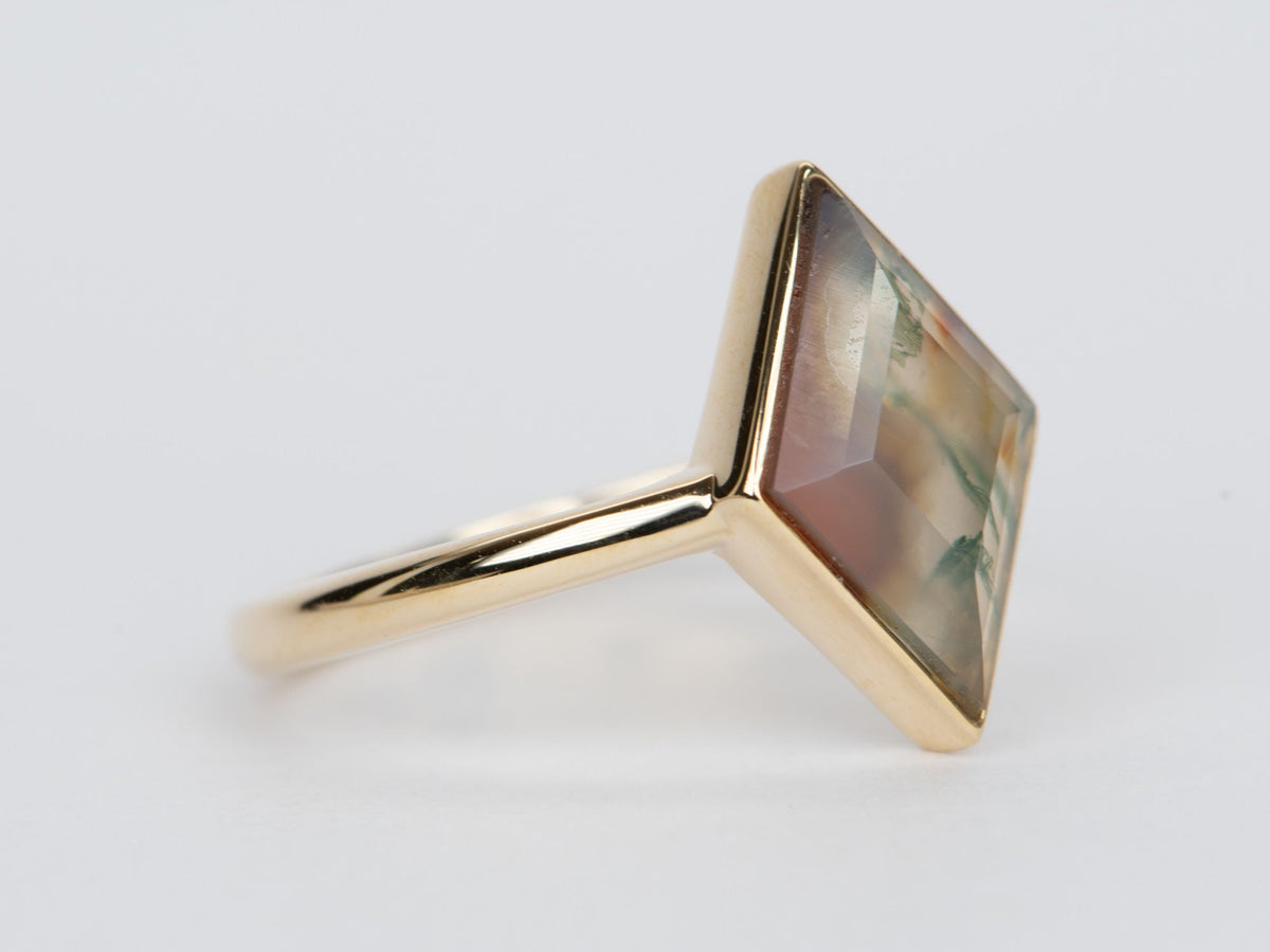 2.18ct Kite Shape Moss Agate Bezel Set 14K Gold Engagement Ring R6363 Aurora Designer