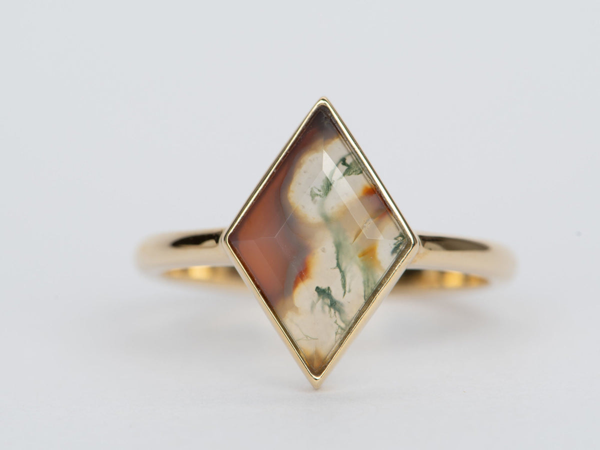 2.18ct Kite Shape Moss Agate Bezel Set 14K Gold Engagement Ring R6363 Aurora Designer