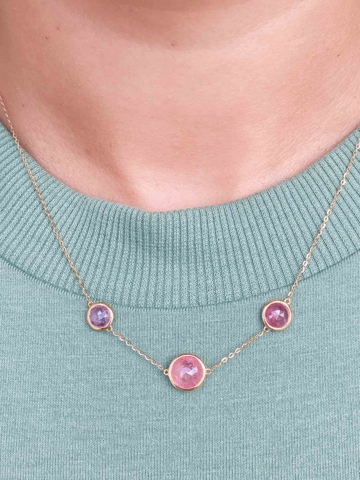 Double-Side Candy Pink Sapphire Rose Cut Necklace 14K Gold AD1425 Aurora Designer