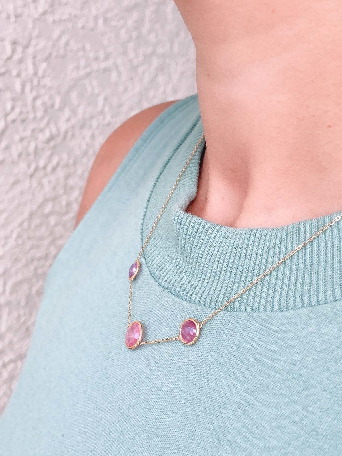 Double-Side Candy Pink Sapphire Rose Cut Necklace 14K Gold AD1425 Aurora Designer