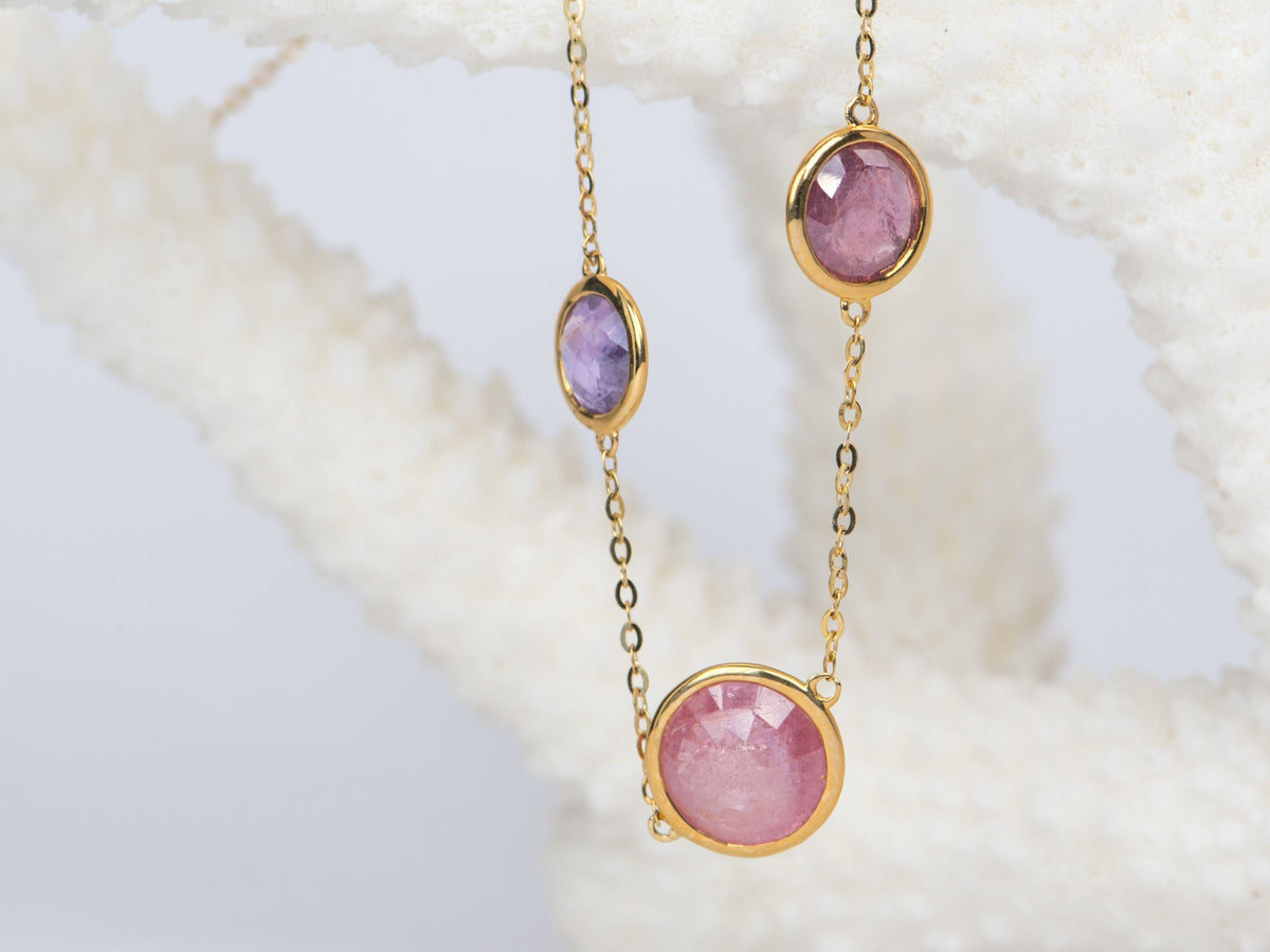 Double-Side Rose Cut Candy Pink Sapphire Necklace 14K Gold