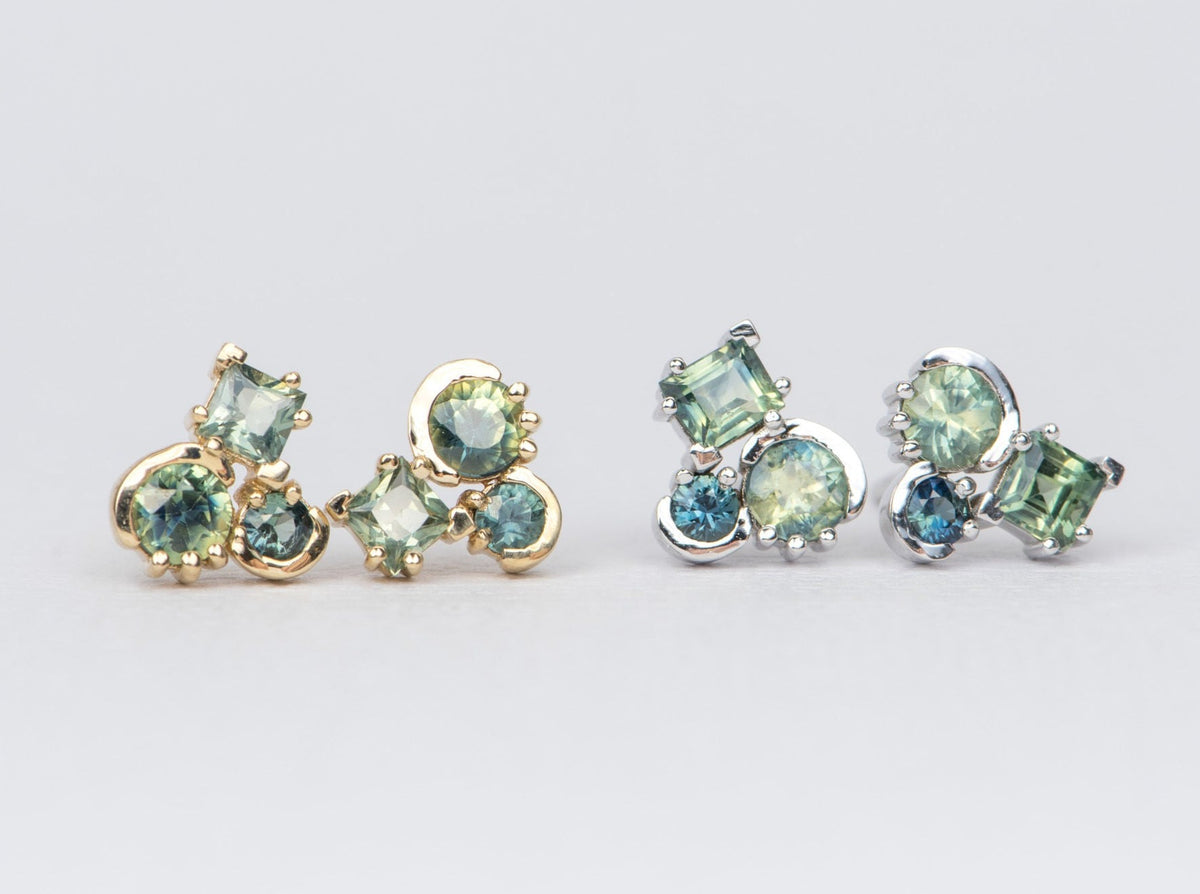 Teal Sapphire Cluster Earrings 14K Gold R3053 Aurora Designer