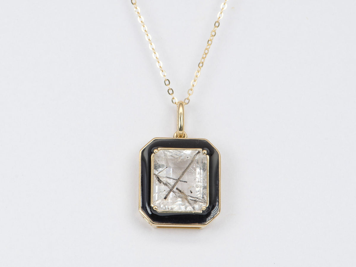 Large Tourmalted Quartz with Black Enamel Halo Pendant Charm 9K Gold R4248 Aurora Designer
