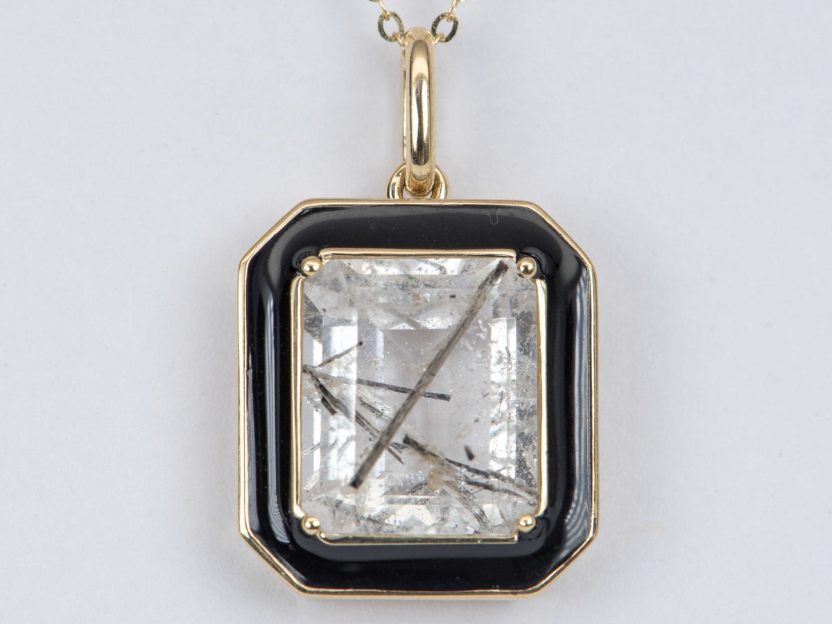 Large Tourmalted Quartz with Black Enamel Halo Pendant Charm 9K Gold R4248 Aurora Designer