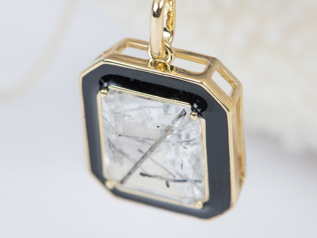 Large Tourmalted Quartz with Black Enamel Halo Pendant Charm 9K Gold R4248 Aurora Designer