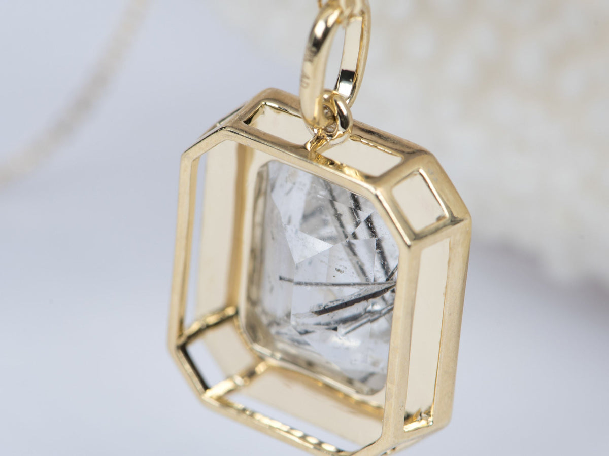 Large Tourmalted Quartz with Black Enamel Halo Pendant Charm 9K Gold R4248 Aurora Designer