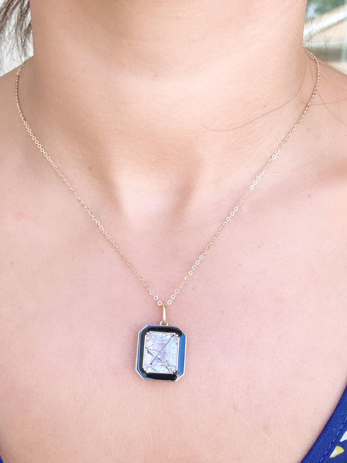 Large Tourmalted Quartz with Black Enamel Halo Pendant Charm 9K Gold R4248 Aurora Designer