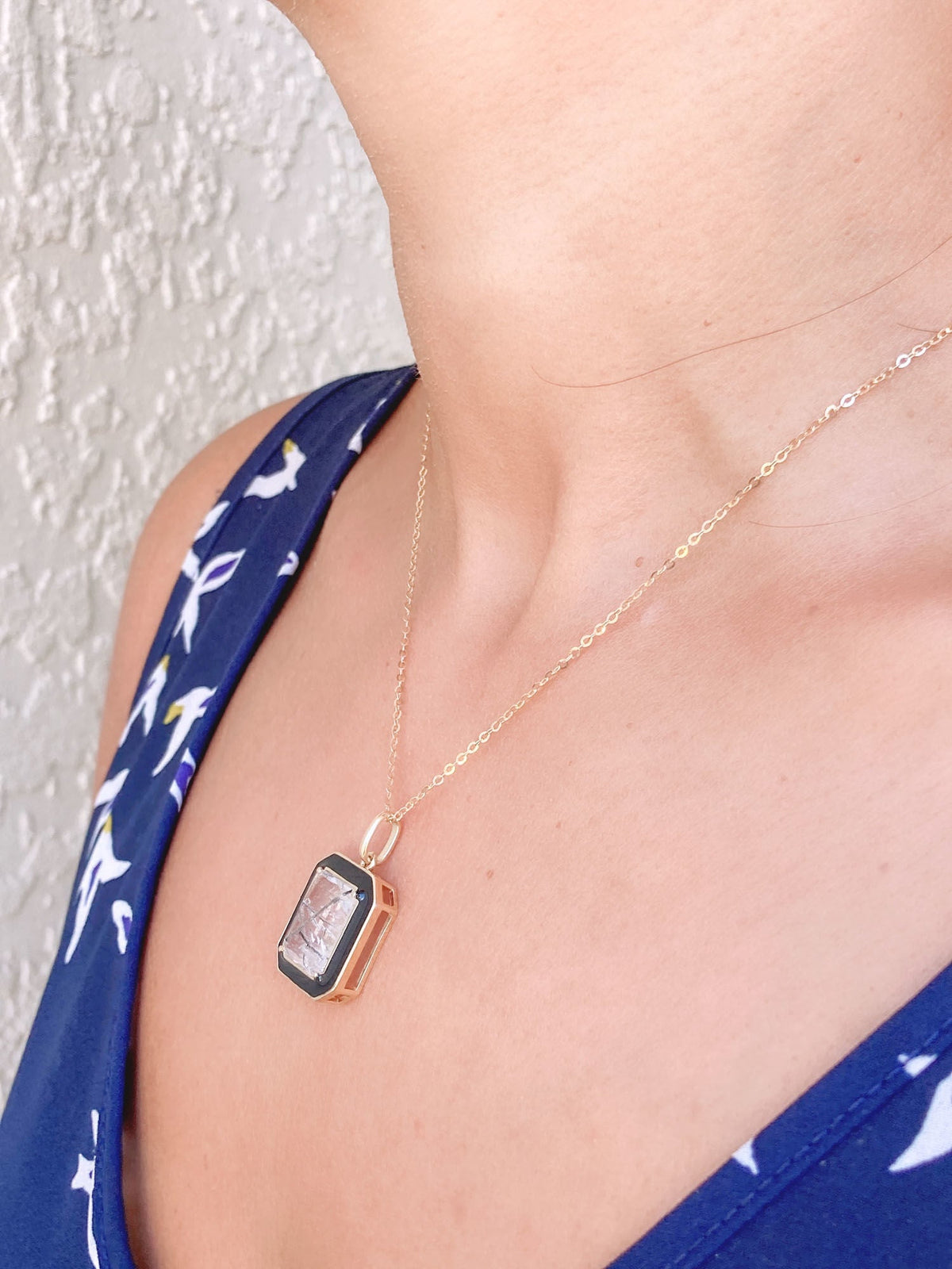 Large Tourmalted Quartz with Black Enamel Halo Pendant Charm 9K Gold R4248 Aurora Designer